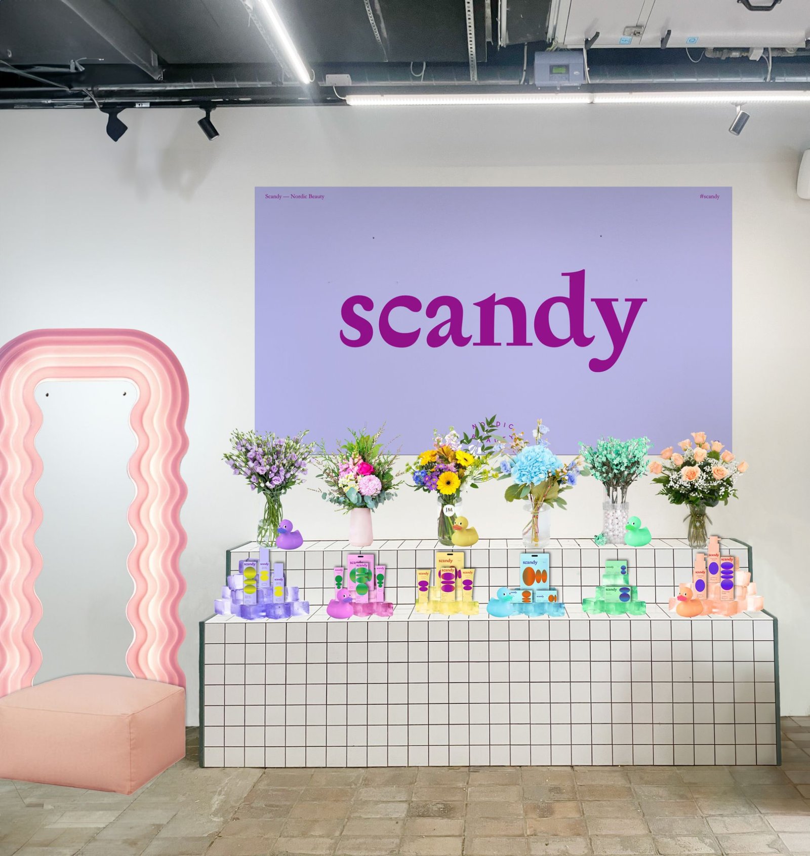 Scandy beauty stand with flowers and products