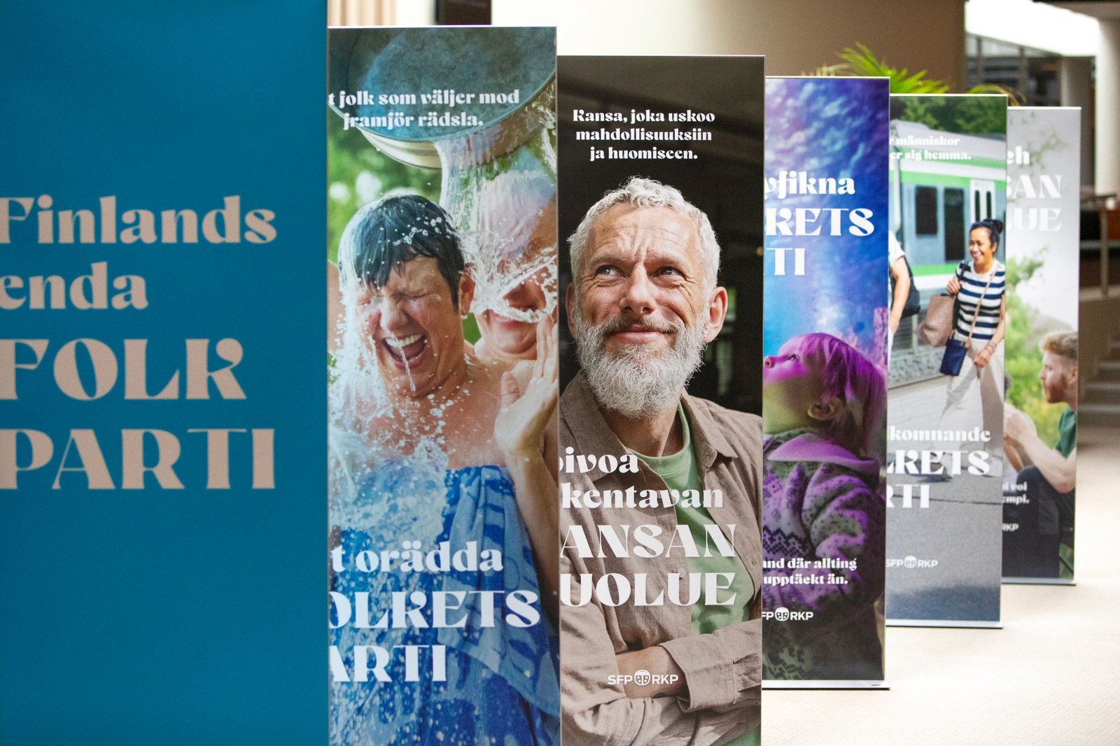 Campaign posters lined up on display